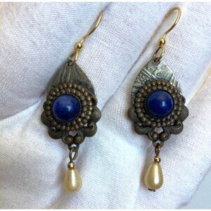 Silver Forest Vermont Bronze Dangle Earrings W/ Lapis Lazuli Feminine Victorian